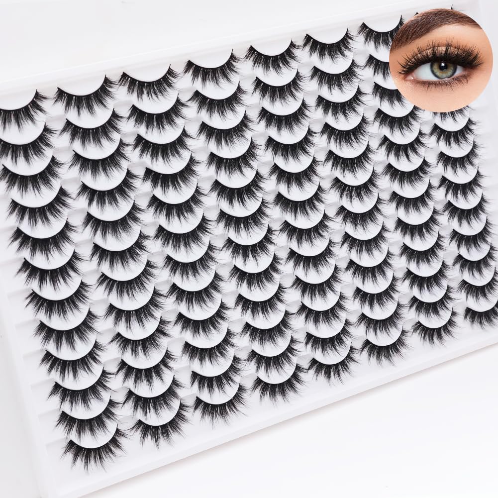 False Eyelashes 48 Pairs Faux Mink Lashes 14mm Wispy Lashes 3D Fluffy Cat Eye Lashes Pack Bulk Wholesale Strip Lashes(style 48-035)