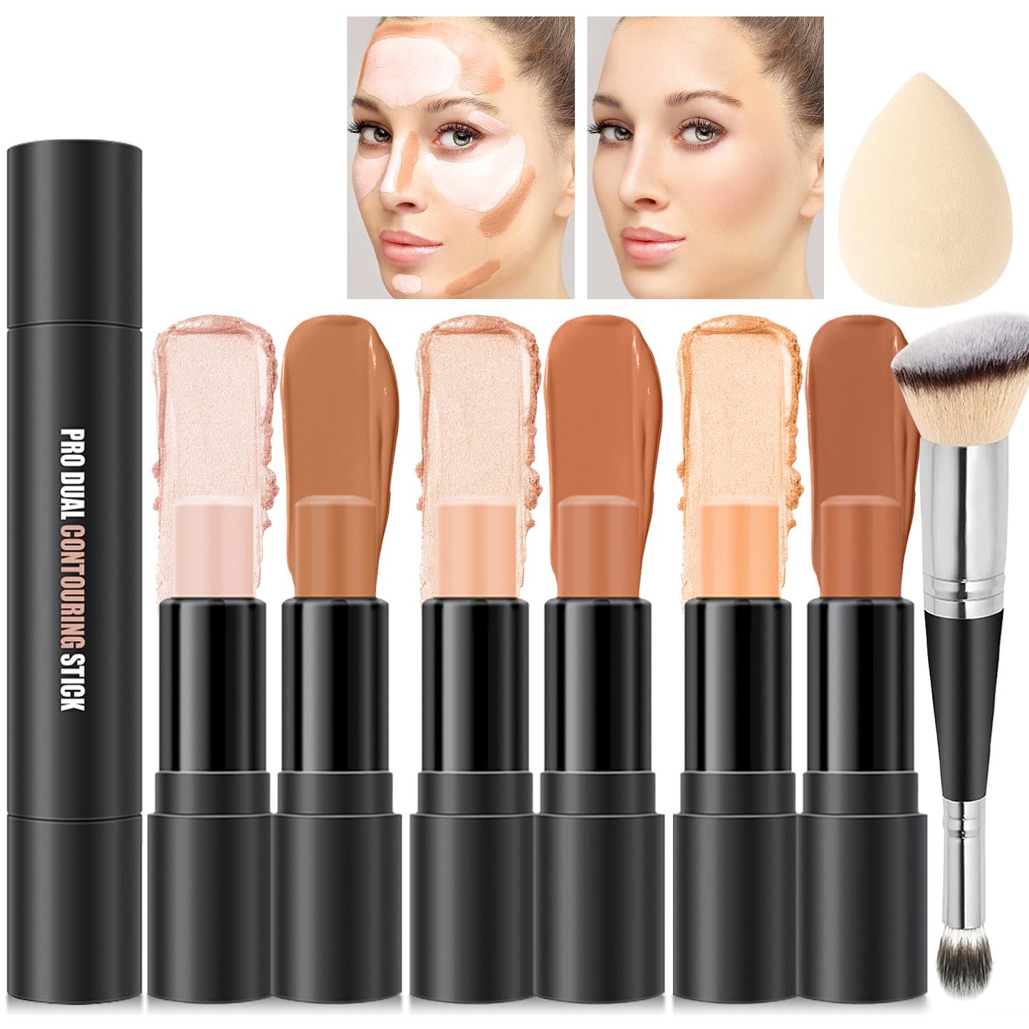6 Colors Cream Contour Stick Makeup, Primer Face Highlighter Contouring for Beginners, Highlight and Contour Kit, Cream Concealer Makeup Blush Stick, Primer Face Corrector (SET B)