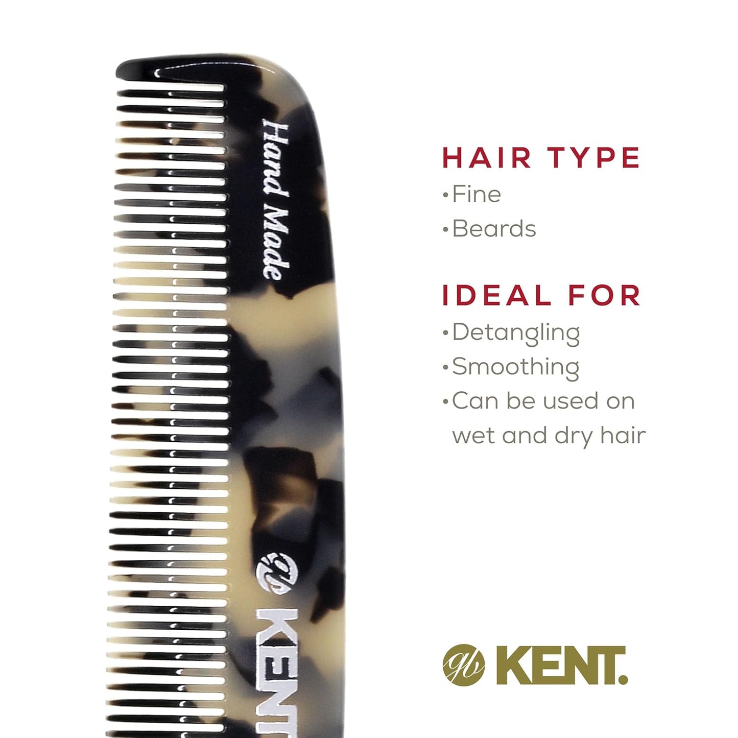 Kent 7T TW All Fine Tooth Pocket Comb for Men - Handmade Hair Comb for Men Grooming and Styling - Travel Comb for Hair Care, Mustache and Beard Care, Use Dry or with Balms, Saw Cut for Wet or Dry.