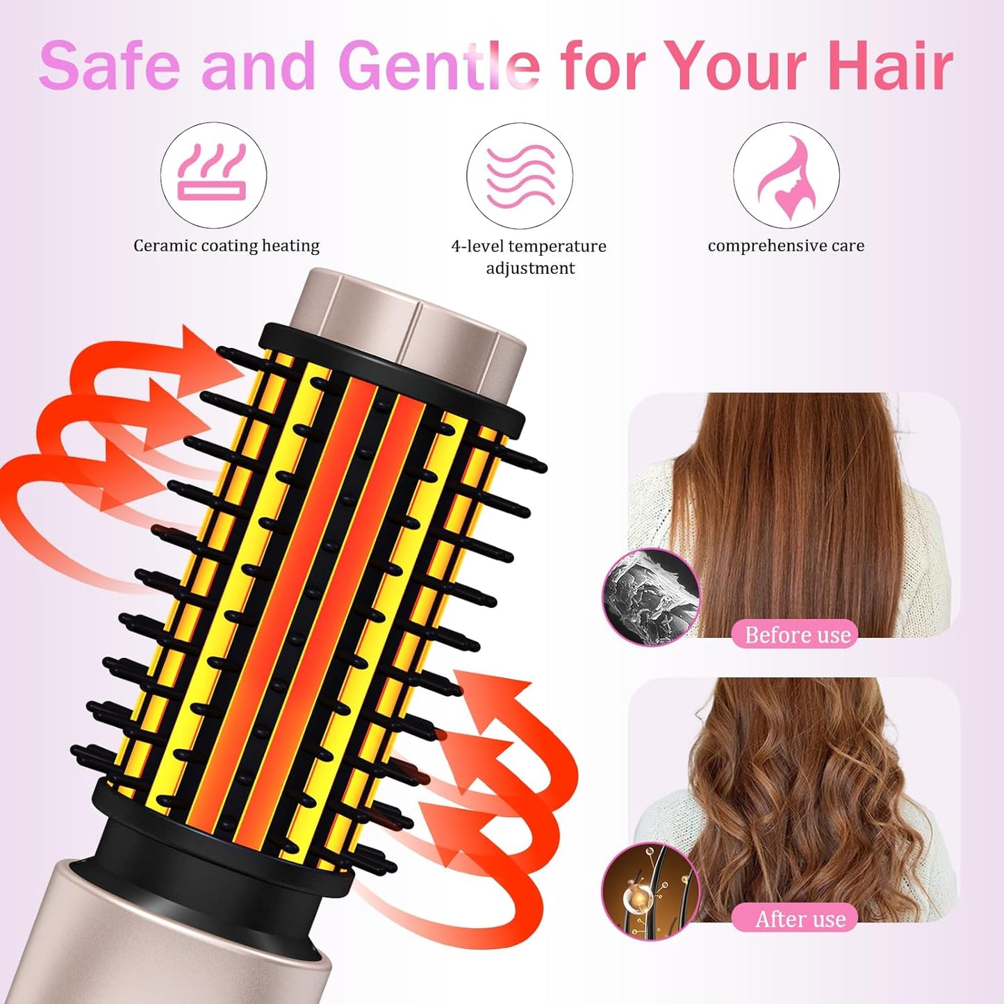 Cordless Hair Curling Iron Brush, Travel Curl Brush, 3-in-1 Portable Curling Iron Cordless, Plasma Thermal Hair Brush, 7000mAh USB Rechargeable Curlings Wand, Mini Hot Curlings Brush-Blush Pink