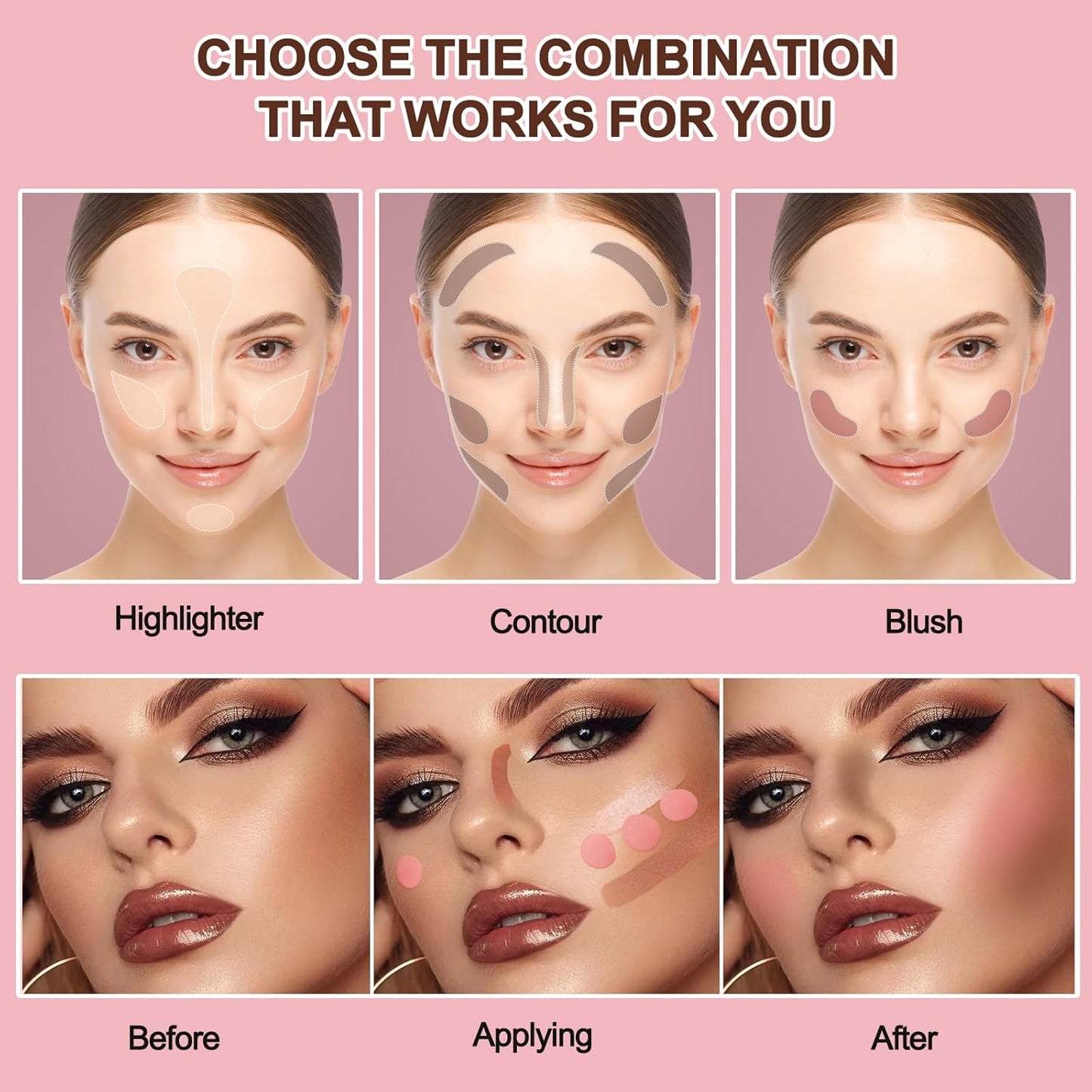 3 Pcs Cream Contour Stick Makeup Kit,Shades with Highlighter Stick,Blush Stick and Bronzer Contour Stick for Brightening and Trimming the Cheeks, Non-greasy, Waterproof Long-lasting Effect(#02,06,09)