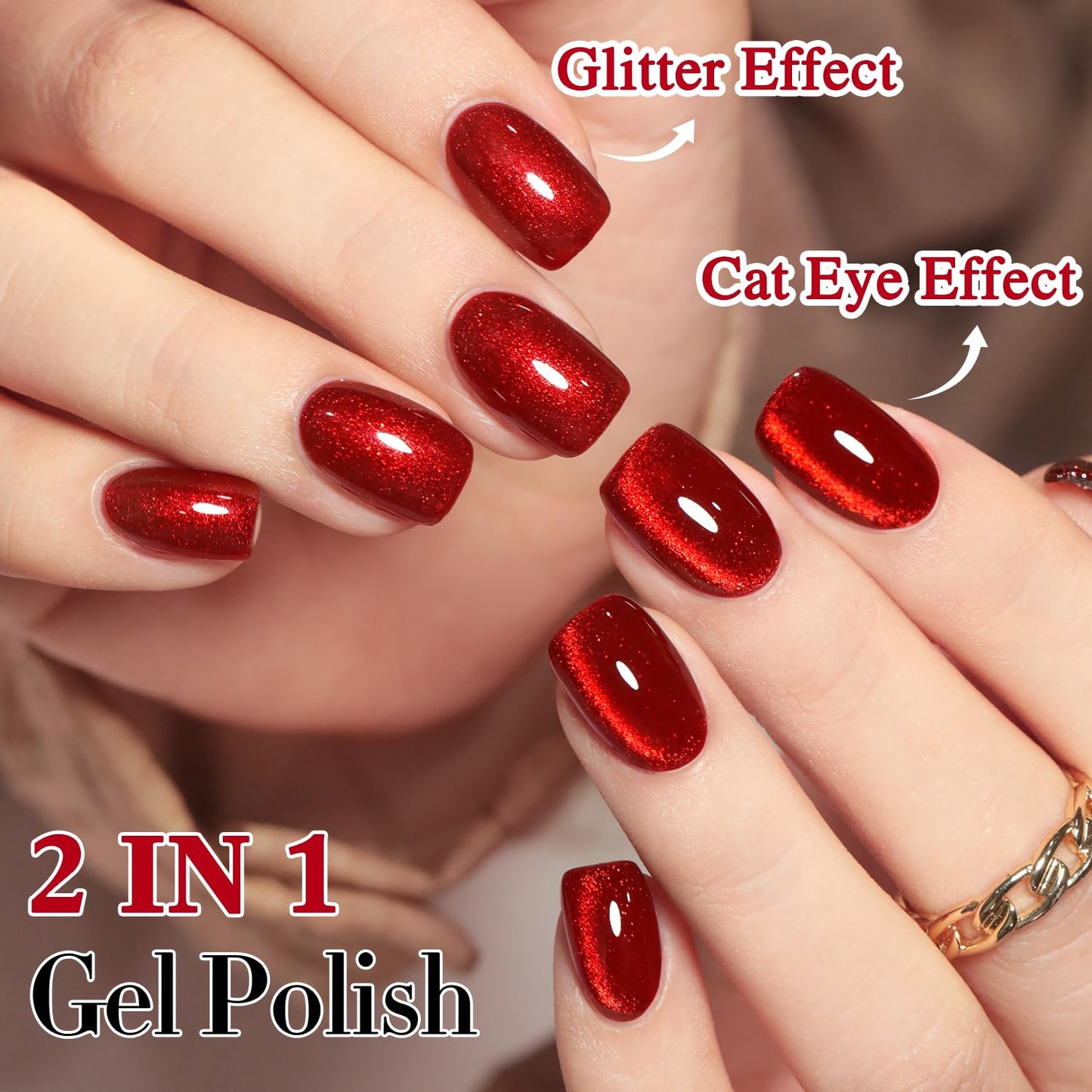Double Rhythm 15ML Ice Glass Cat Eye Gel Polish with Magnet Holographic Glitter Shimmer Translucent Sheer Color Salon Soak Off Magnetic Nail at Home (Red Glitter-MC1108)