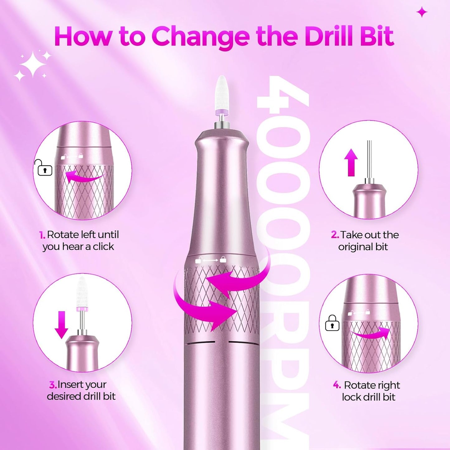 Nail Drill Electric File: DEDNMSCA Sparkly Professional Nail Drill Kit, 40000RPM E-file Machine with USB LED Light and 12 Drill Bits for Acrylic Nail Remove Gel Polish Manicure for Salon Home, Diamond