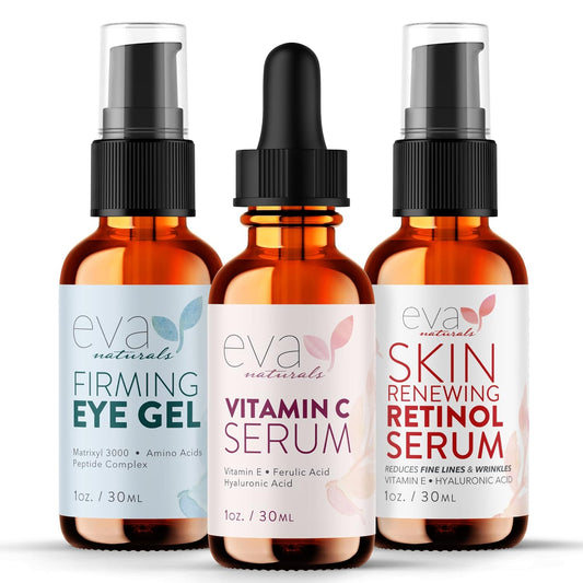 Eva Naturals Facelift in a Bottle - 3-in-1 Anti-Aging Set with Retinol Serum, Vitamin C Serum and Eye Gel - Formulated to Reduce Wrinkles, Fade Dark Spots and Treat Under-Eye Bags - Premium Quality