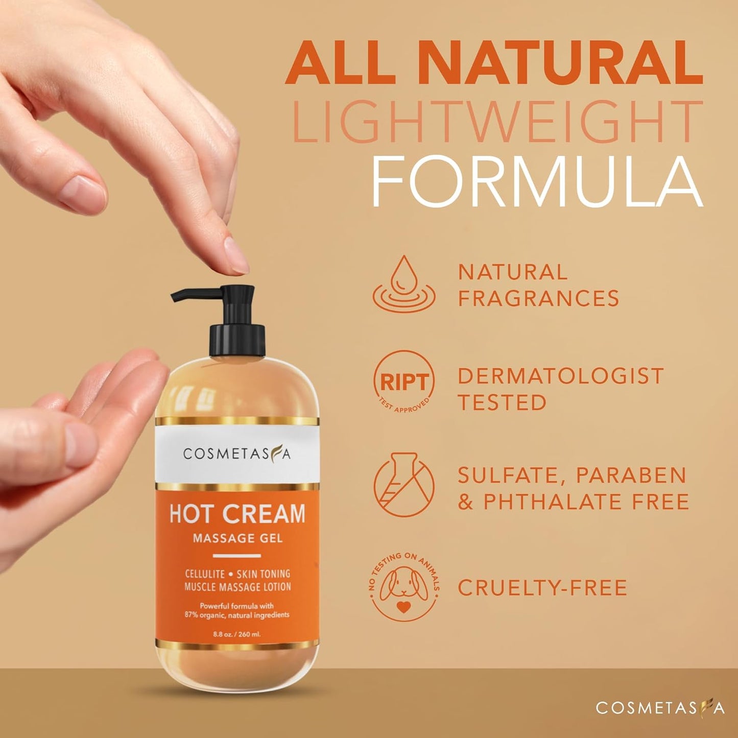 Cosmetasa Hot Cream for Belly - 87% Organic Cellulite Cream - Natural Sweat Cream Massage Gel - Cream for Stomach, Abdomen, Sore Joints, Muscles, Workout (16.9 oz)