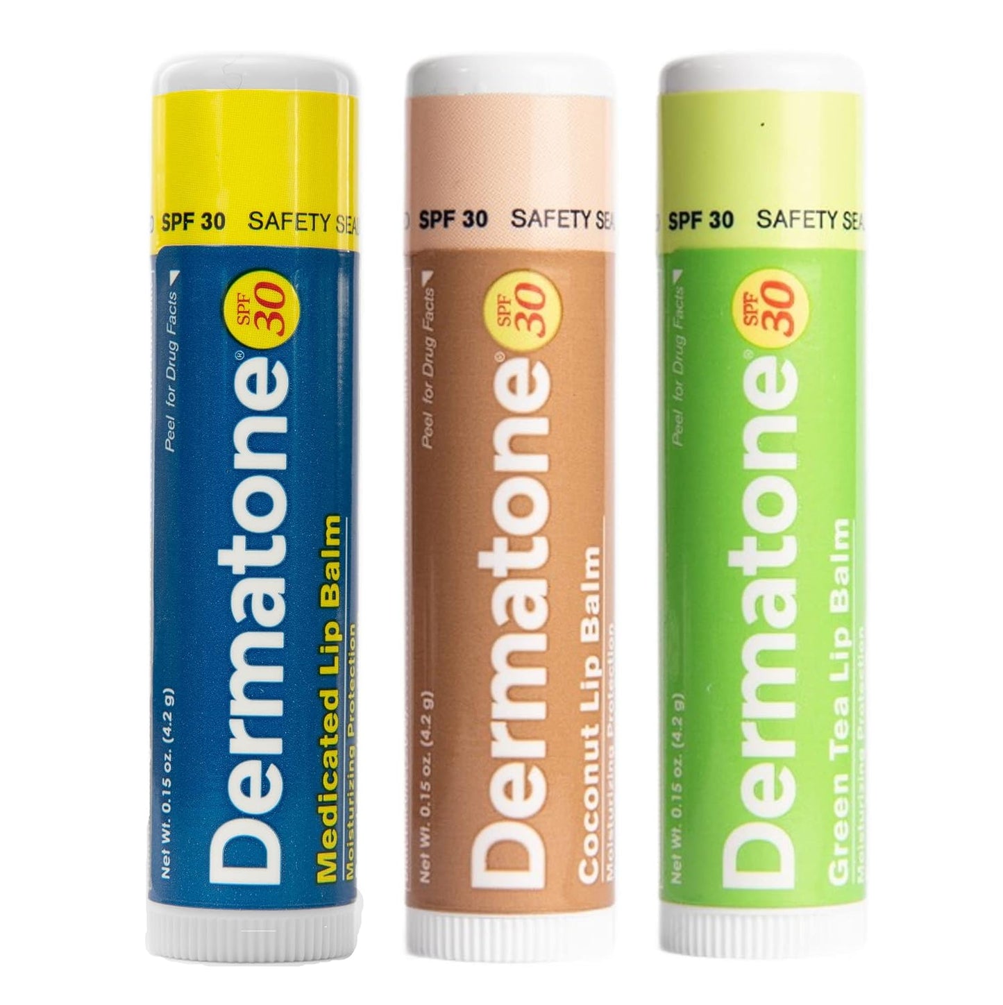 Dermatone Lip Balm Variety Pack | Moisturizing Lip Care | Soothe & Replenish Chapped Lips | SPF 30 | Aloe, Tea Tree Oil | 3-Pack (Coconut, Green Tea, Original)
