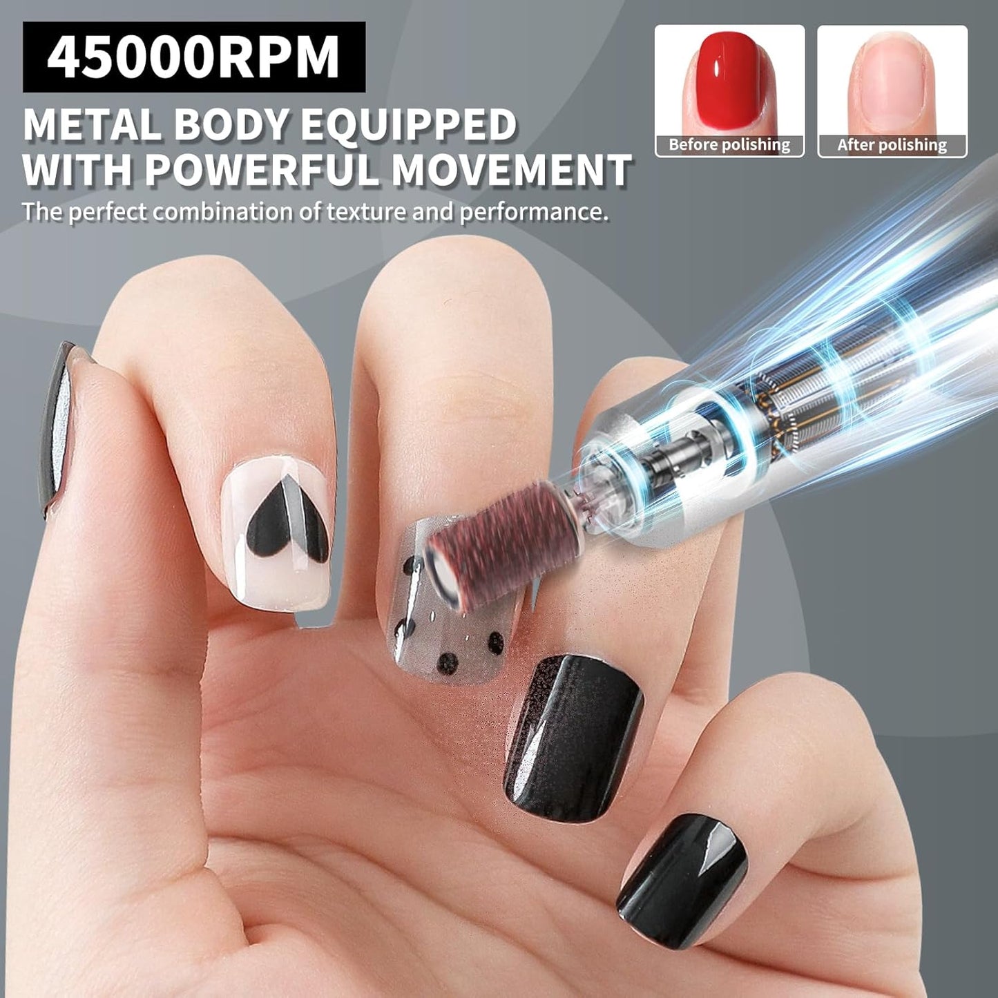 Professional Electric Nail Drill Machine,45000RPM Portable Rechargeable Efile Nail Drill Cordless,Electric Nail File Kit for Women (White)