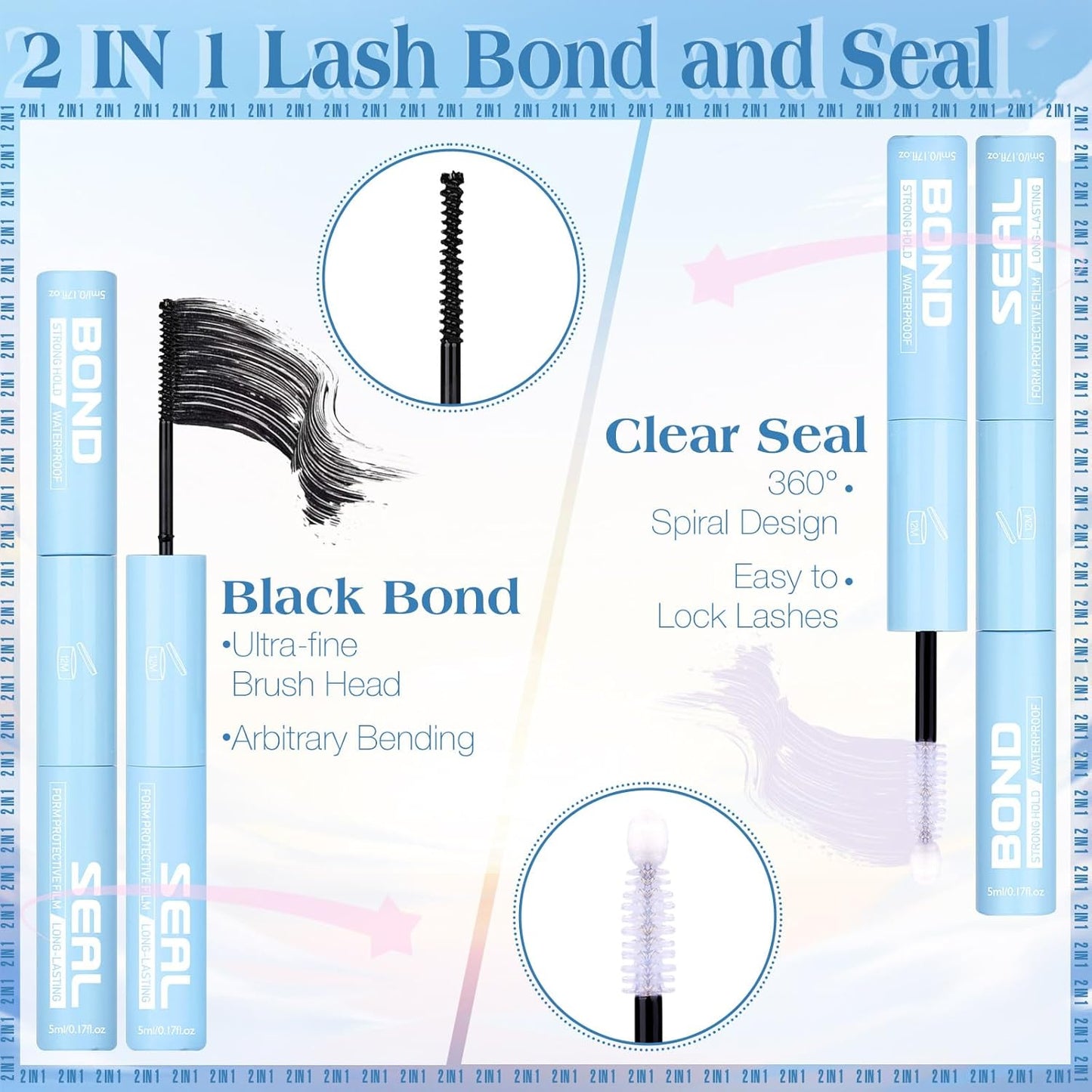 Lash Glue 2 in 1 Lashes Bond and Seal Waterproof Eyelash Glues Strong Hold Eyelash Adhesives Long Lasting Lash Cluster Glue for Eyelashes Extensions DIY at Home by ZANLUFLY