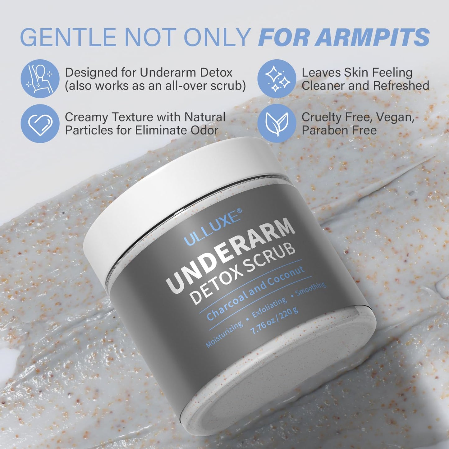 Charcoal Underarm Detox Scrub for Odor Control, Dark Armpits Spots Remover, Armpit Detox & Bikini Area Body Scrub Exfoliating & Moisturizing, Natural Deodorant Scrub for Women & Men, 7.7 oz