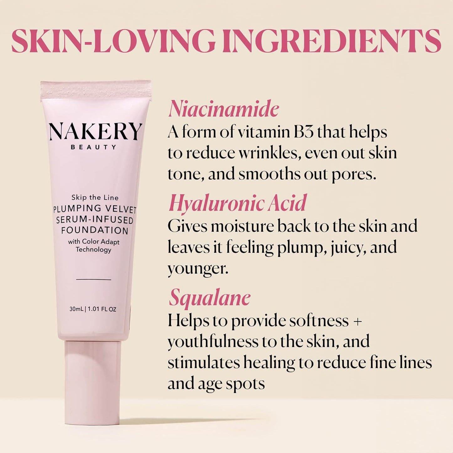 Nakery Skip the Line Full Coverage Foundation for Women - Plumping Velvet Womens Foundation Makeup Matte Finish - Age Defying Foundation - Moisturizing Foundation with Smart Color Adapt - Medium Deep