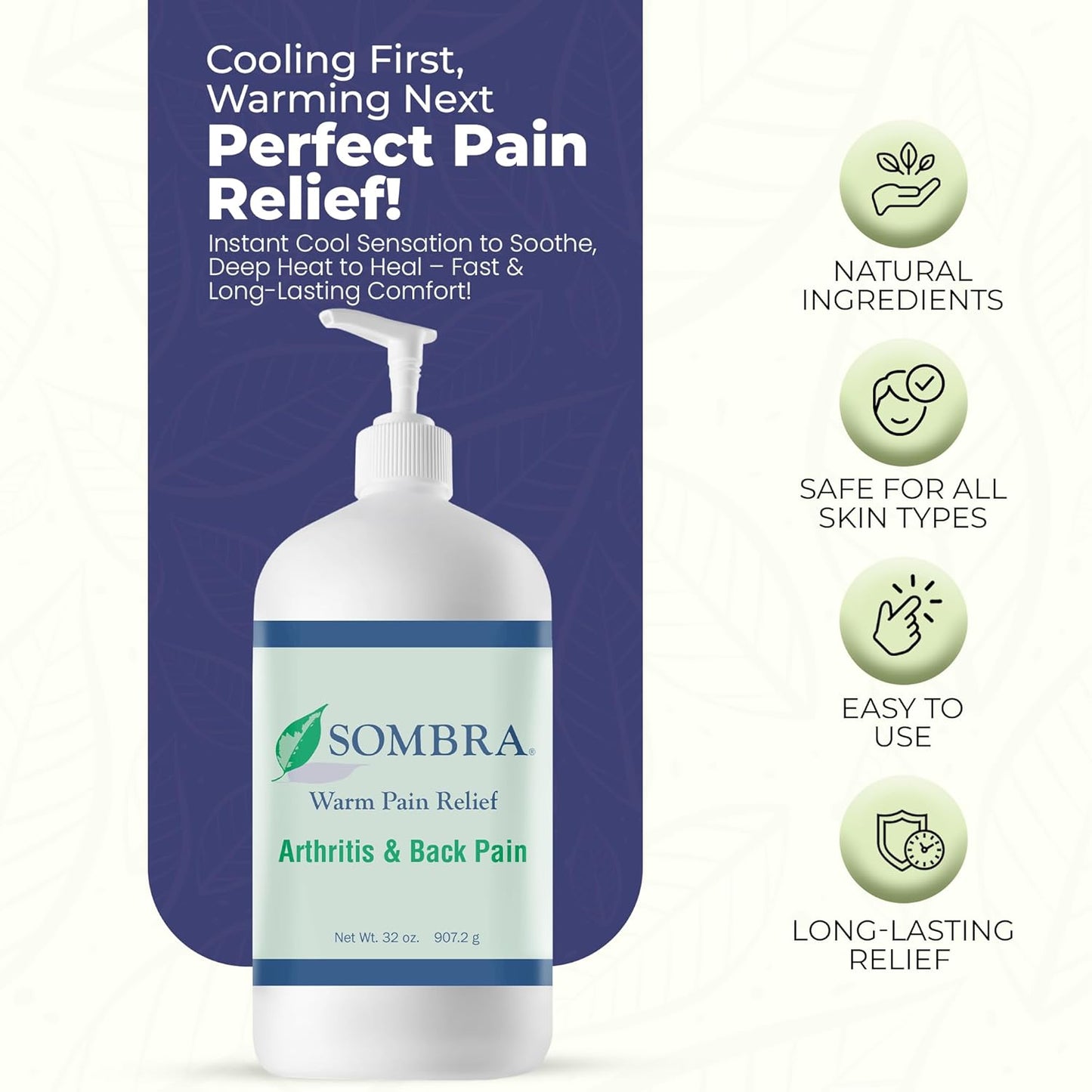Sombra Warm Pain Relief Gel, Warm Relief for Arthritis and Chronic Pain Pre-Workout Muscle Rub Vegan Formula Free of Artificial Fragrances, Dyes, NSAIDs, Wax, Petroleum, Alcohol, 32oz Pump