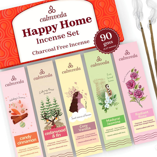 Happy Home Incense Sticks Multipack- (5 Variants) Charcoal Free, Made from Upcycled Flowers | Insense Cozy Warm Sticks Like Vanilla Cake, Balsam Cedar, Rose & Cinnamon | Perfect Incense Gift Set