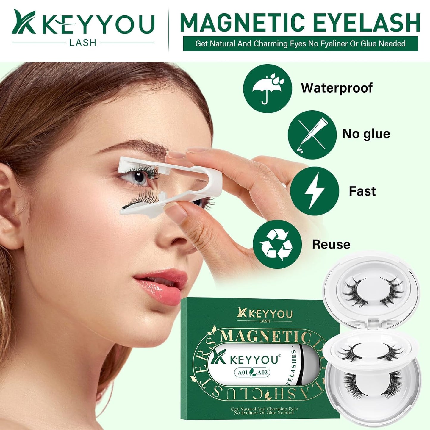KEYYOU Reusable Magnetic Eyelashes 2 Pair with Applicator No Glue Needed 3D Natural Magnetic Lashes, Easy to Apply & Long Lasting for Daily Use & Events(A01+A02)