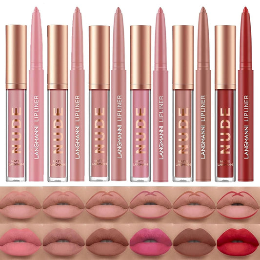 LANGMANNI 6 Matte Lipstick with 6 Lipliners Durable Makeup Set,Long-Lasting Non-Stick Cup Not Fade Waterproof Pigmented Velvet Lipgloss Kit Beauty Cosmetics Makeup Gift for Girls (#B)