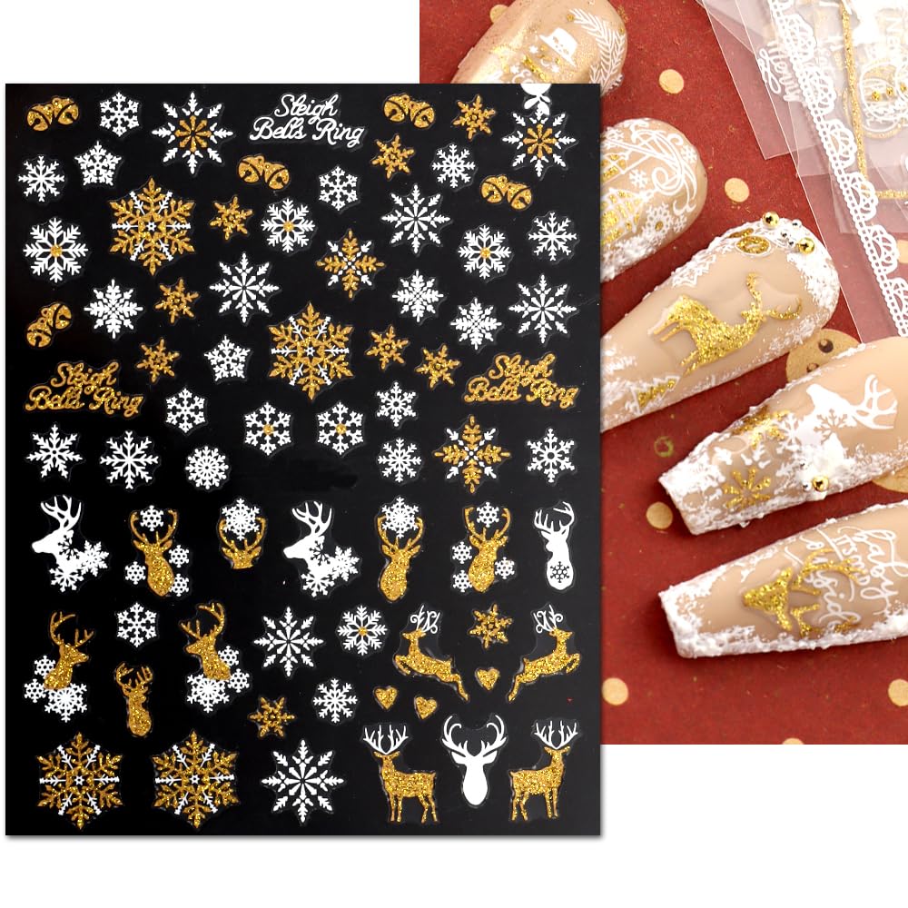JMEOWIO 9 Sheets Christmas Nail Art Stickers Decals Self-Adhesive Pegatinas Uñas Bling Snowflake Snowman Holiday White Gold Nail Supplies Nail Art Design Decoration Accessories