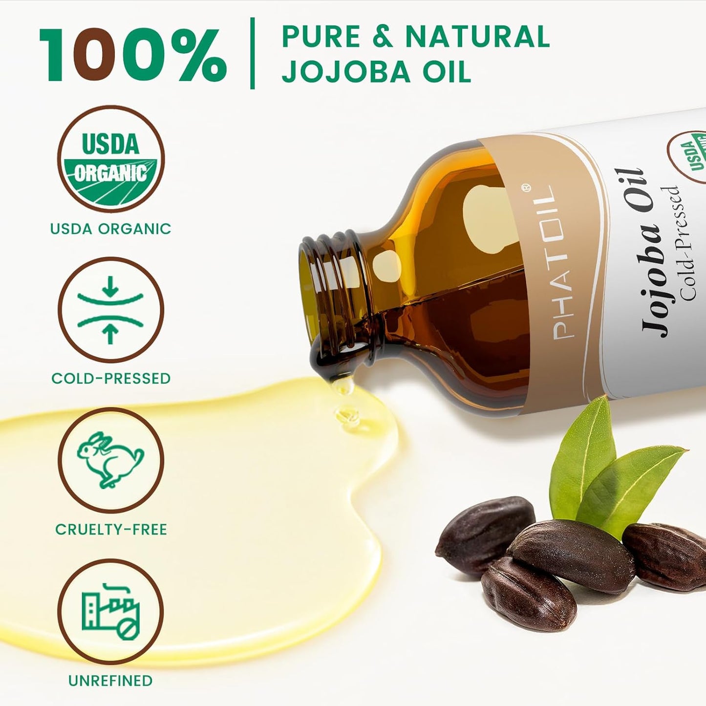 Jojoba Oil Organic Cold Pressed for Face, USDA Certified Premium Grade Jojoba Oil Deeply Moisturizing Carrier Oils for Skin, Face, Nails and Hair Growth, Massage, Essential Oils Mixing(118ML)