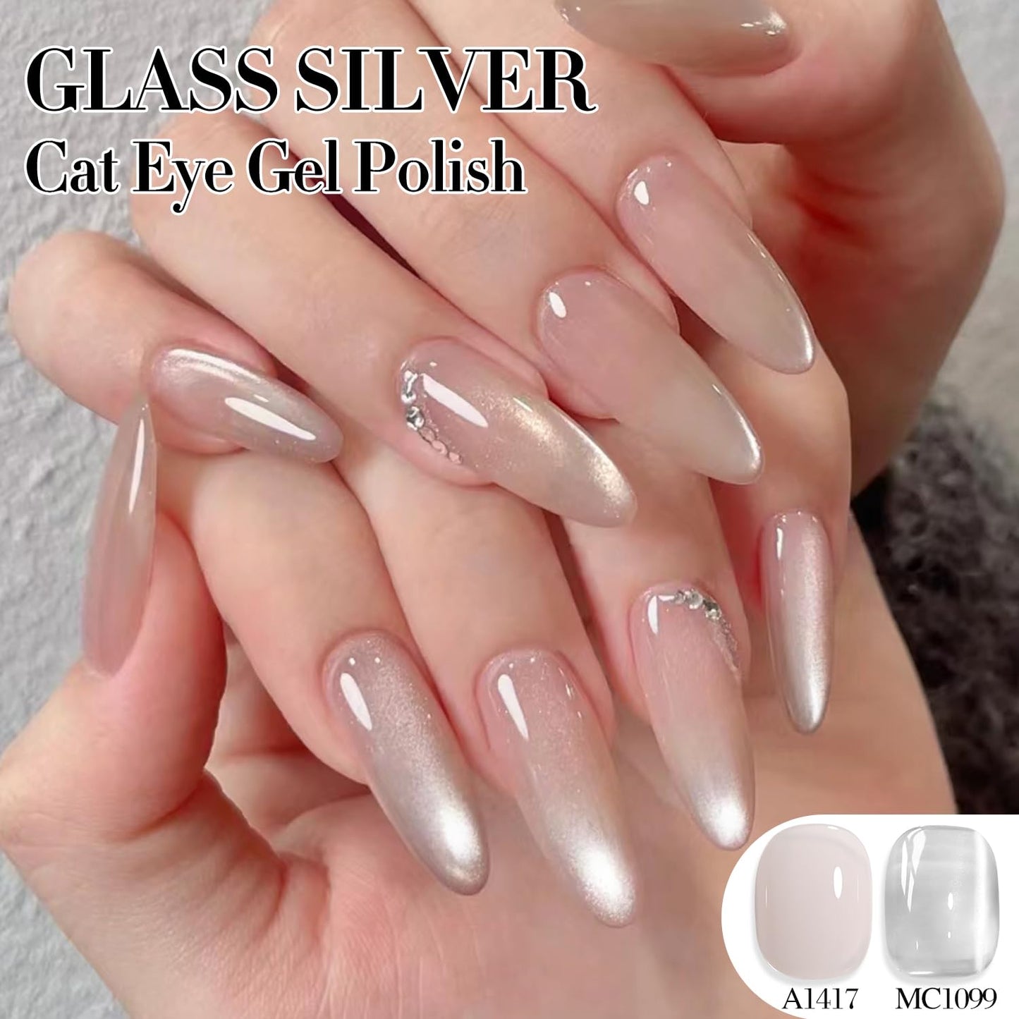 Double Rhythm Jelly Glass Cat Eye Gel Polish with Magnet 15ML Holographic Glitter Shimmer Translucent Sheer Color Magnetic Nail Polish Salon DIY at Home (Jelly Silver-MC1099)