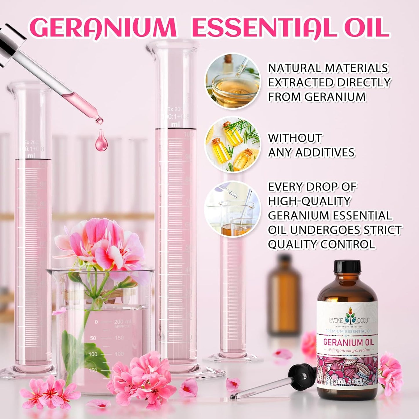 EVOKE OCCU Pure & Natural Geranium Essential Oil for Skin, Hair, Diffuser, Aromatherapy - 4 Fl Oz