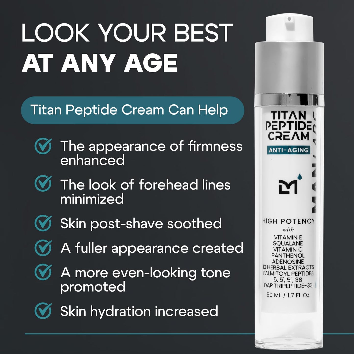 Titan Peptide Anti-Aging Mens Face Cream – Mens Face Moisturizer – For Men, Face Lotion – Men, Skin Care – Tighten, Firm, Revitalize – Peptides, Vitamin C & E, Squalane – All Skin – Unscented