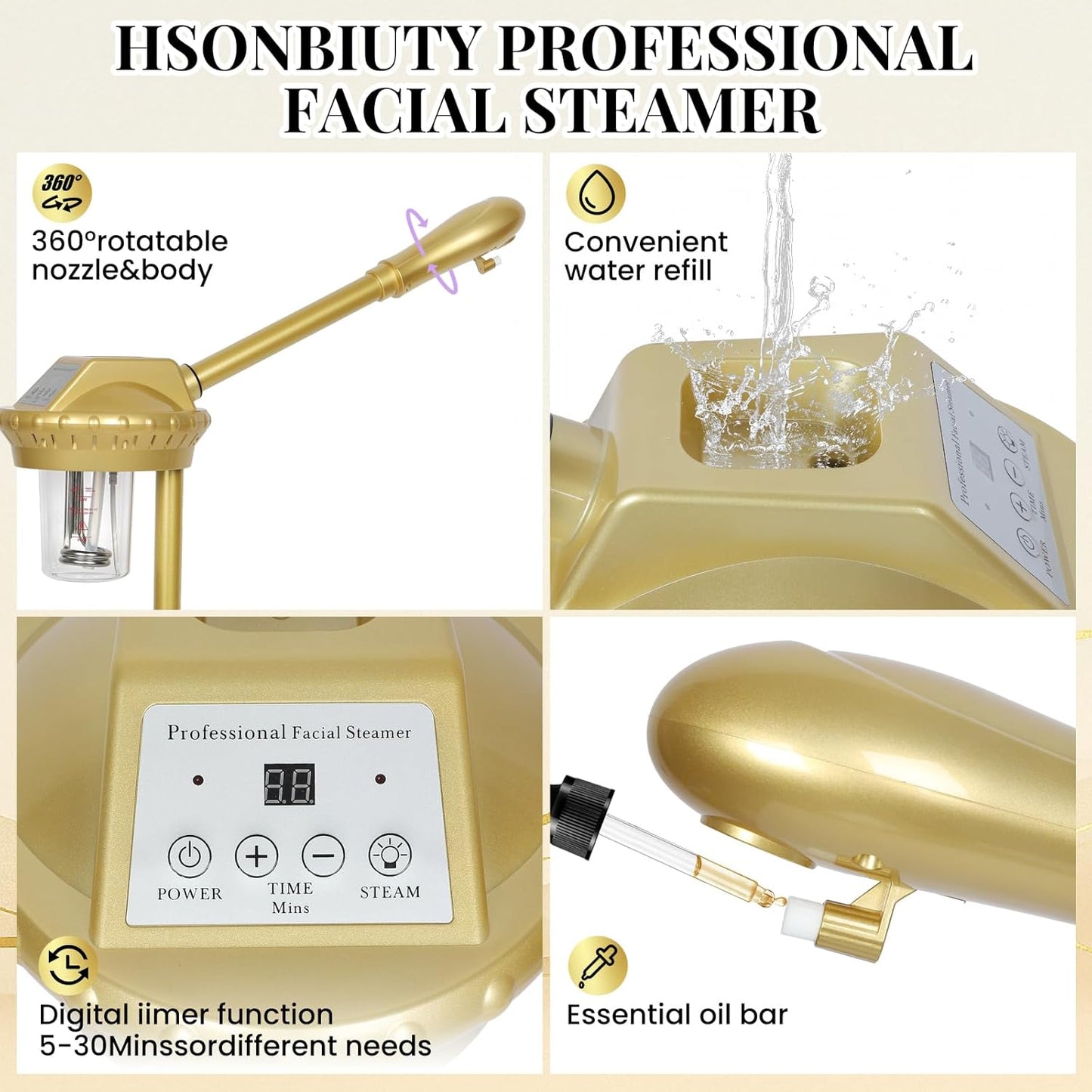 Facial Steamer Professional with More Steam for Deep Cleansing and Hydration, Estheticians Steamer on Wheels with Time Setting, Face Steamer Adjustable Height for Beauty, Spa and Home Use（Golden）