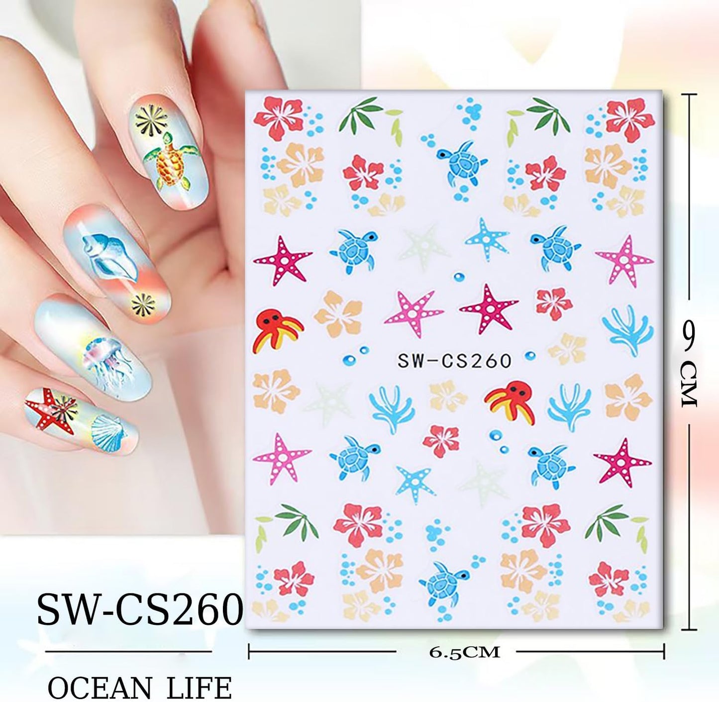 6 Sheets Marine Life Nail Art Stickers 3D Self-Adhesive Starfish Turtle Nails Sticker Flower Nail Art Decals Holographic Bow Nails Decal Decoration for Women Floral Manicure DIY Nail Supplies