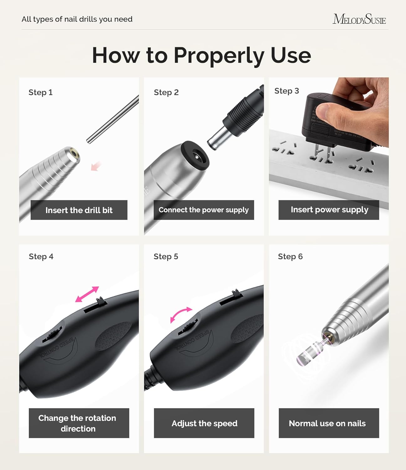 MelodySusie Portable Electric Nail Drill,PC120B Compact Efile Electrical Professional Nail File Kit for Acrylic, Gel Nails, Manicure Pedicure Polishing Shape Tools Design for Home Salon Use, Silver