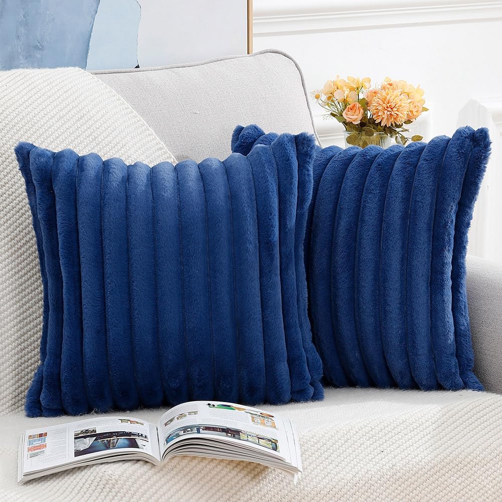 MADIZZ Set of 2 Faux Wool Plush Decorative Throw Pillow Covers 18x18 Inch Blue Fluffy Striped Soft Decorative Cushion Cover for Sofa Bedroom Pillow Shell