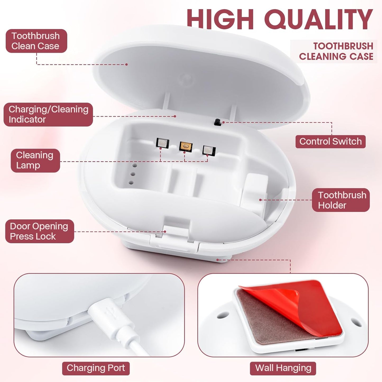 Toothbrush Sterilizer, Travel Toothbrush Covers Case With Holder, Portable USB Charging Toothbrush Cleaner Case With Blue Light (White)