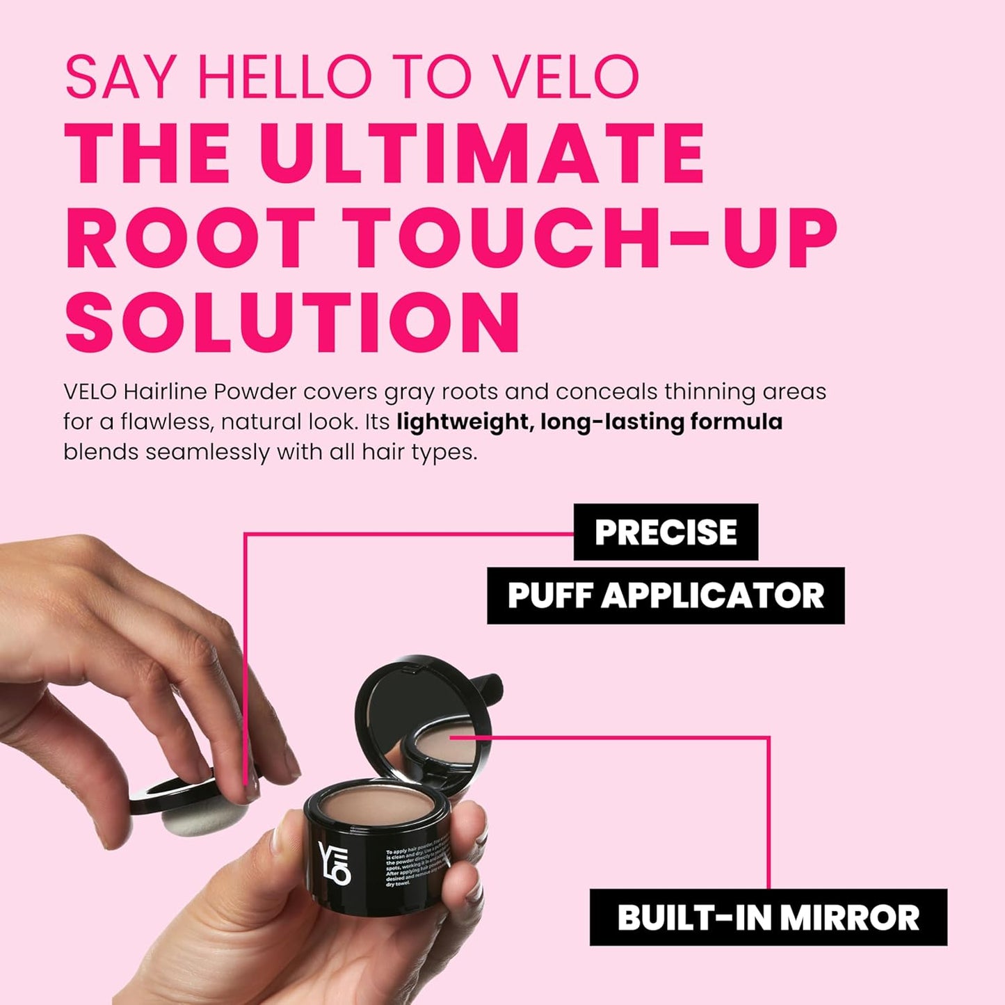 VELO Hairline Powder–DARK BROWN Hair Root Touch Up Powder for Women & Men–Instantly Covers Gray Hair, Thinning Hair & Bald Spots–Sweatproof Root Cover Up–Puff & Mirror Compact, 13 Shades