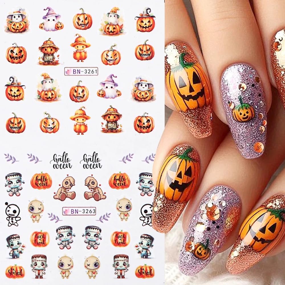Halloween Pumpkin Nail Art Stickers Decals, 12Pcs Cute Ghost Skeleton Bat Pattern Water Transfer Nail Foils Decals for Halloween Nail Art Decoration Watermark Acrylic Stickers for Manicure DIY Supply