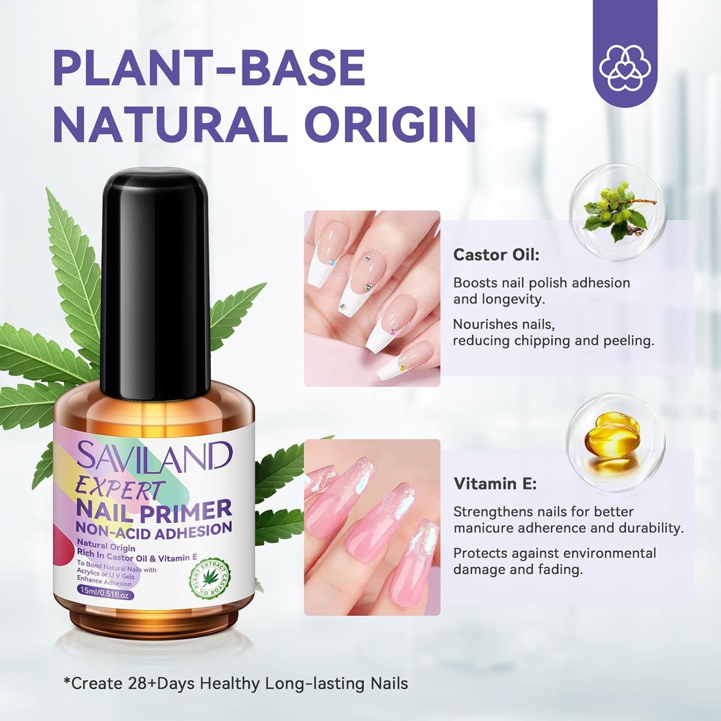 SAVILAND Nail Primer No Lift: 2024 Acid Free Primer Nail Prep Bond with Vitamin E Ingredient Castor Oil for Gel Acrylic Dip Nails, Ultra-Strong Adhesion Protein Nail Bond Nail Supplies Home Salon