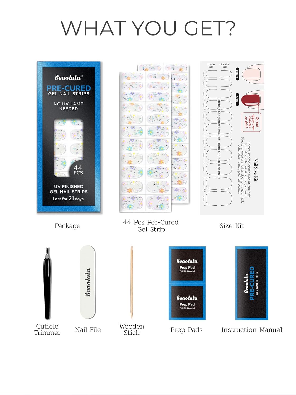 Pre Cured Gel Nail Strips - 44PCS Salon Quality Gel Nail Stickers - Long Lasting Polish Wraps for Women no UV Light Needed Easy Apply& Remove (Flower Sliver)