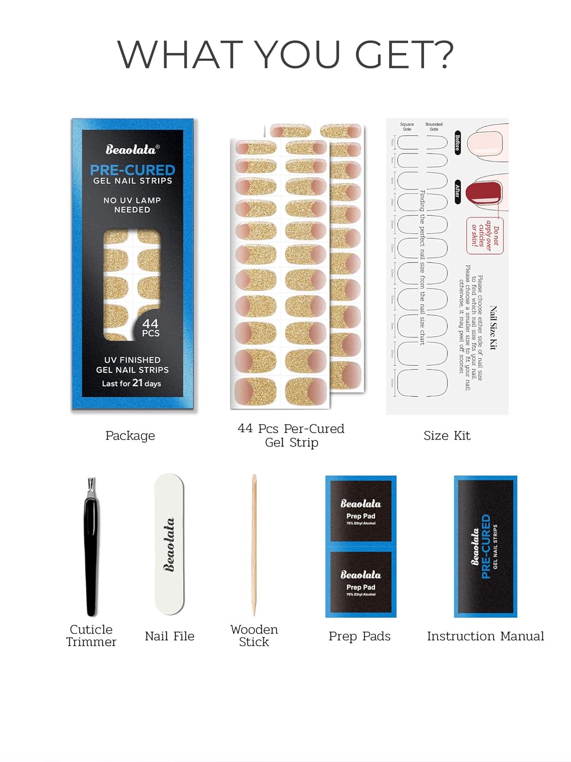 Pre Cured Gel Nail Strips - 44PCS Salon Quality Gel Nail Stickers - Long Lasting Polish Wraps for Women no UV Light Needed Easy Apply& Remove (Gold Haze）