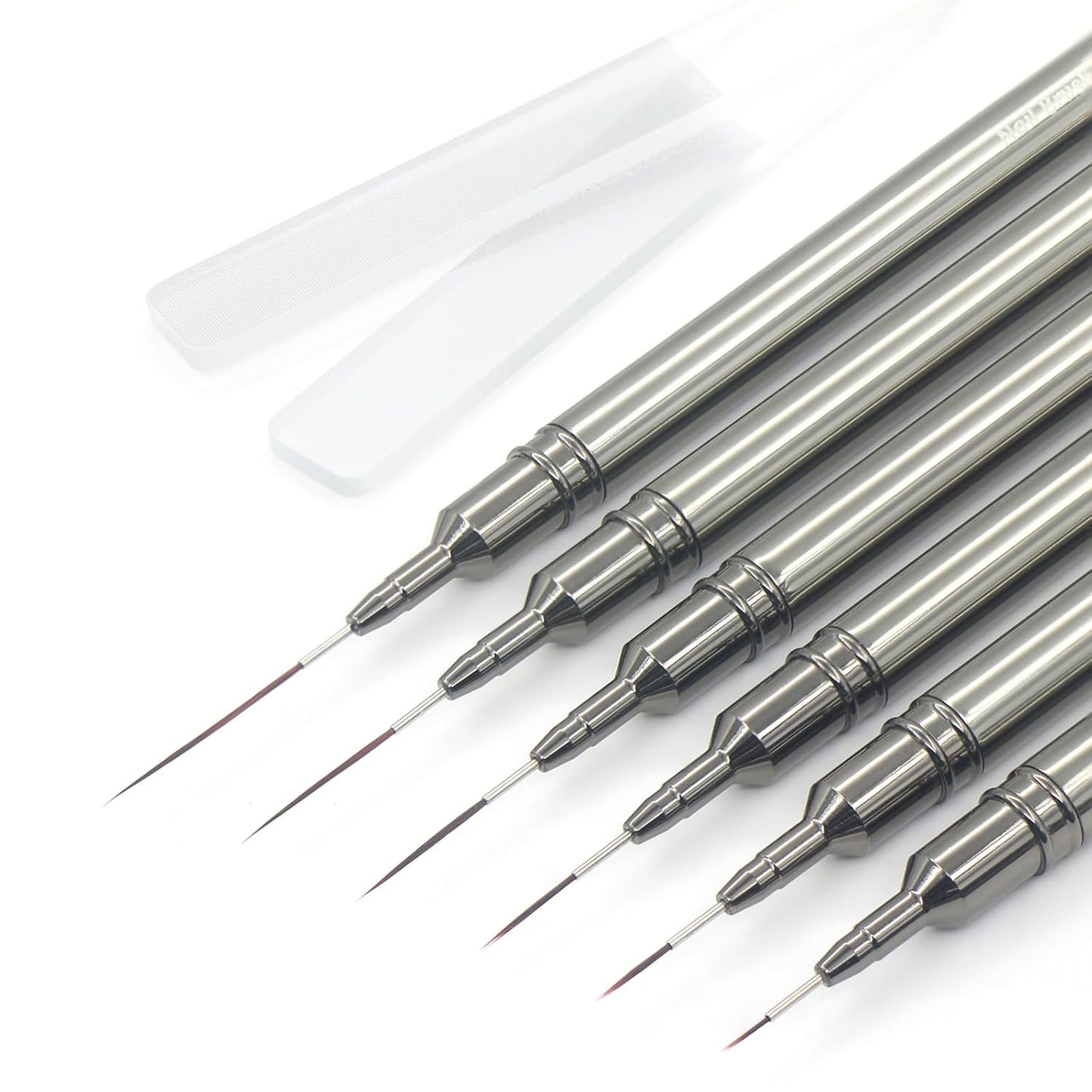 MYR 6Pcs Nail Art Liner Brushes and 2Pcs Nano Nail Files, Metal Nail Art Brushes, Nail Art Pens, Nail Art Tools, suitable for Long Lines, Thin Details, Fine Drawing Sizes 6/9/12/15/18/25mm