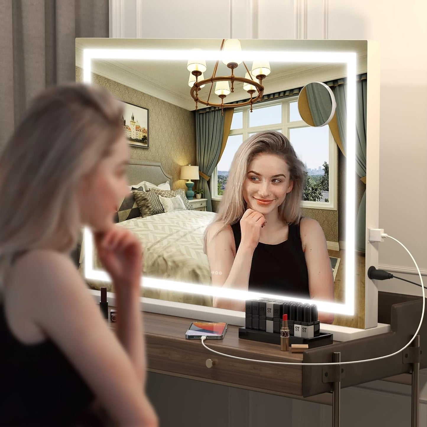 Hasipu Vanity Mirror with Lights, 23" x 18" LED Makeup Mirror, Lighted Makeup Mirror with Dimmable 3 Modes, Touch Screen Control Vanity Mirror Square White