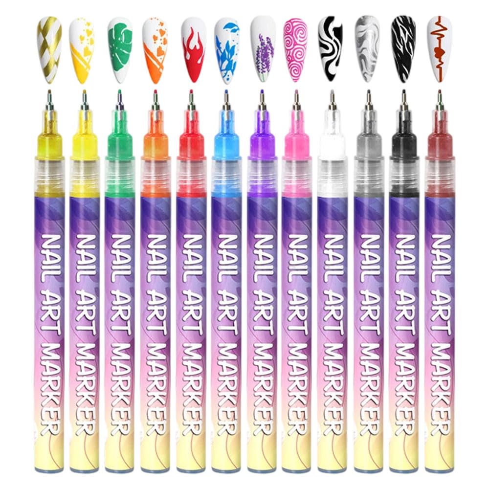 12 Colors Nail Art Pens Set, 3D Nail Art Markers Doodle Pen for Kids Adults, Nail Art Tools for Polishing Dotting Painting Liner DIY (1 set)