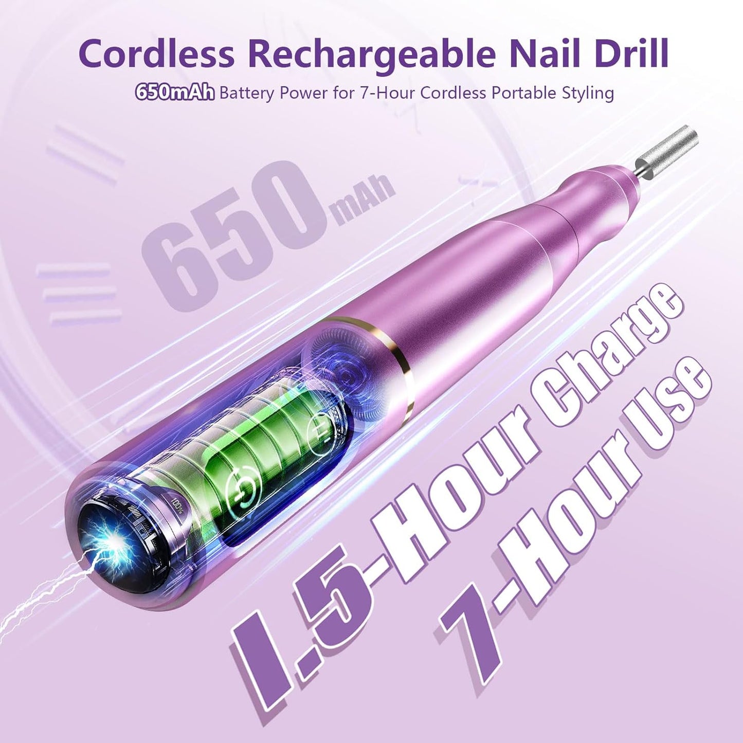 Cordless Nail Drill Electric Nail File Kit Rechargeable Professional Efile Nail Set, Portable Acrylic Gel Nail Polish Remover Machine Pedicure Manicure Tool, 11 Bits 56 Sanding Bands Salon Home