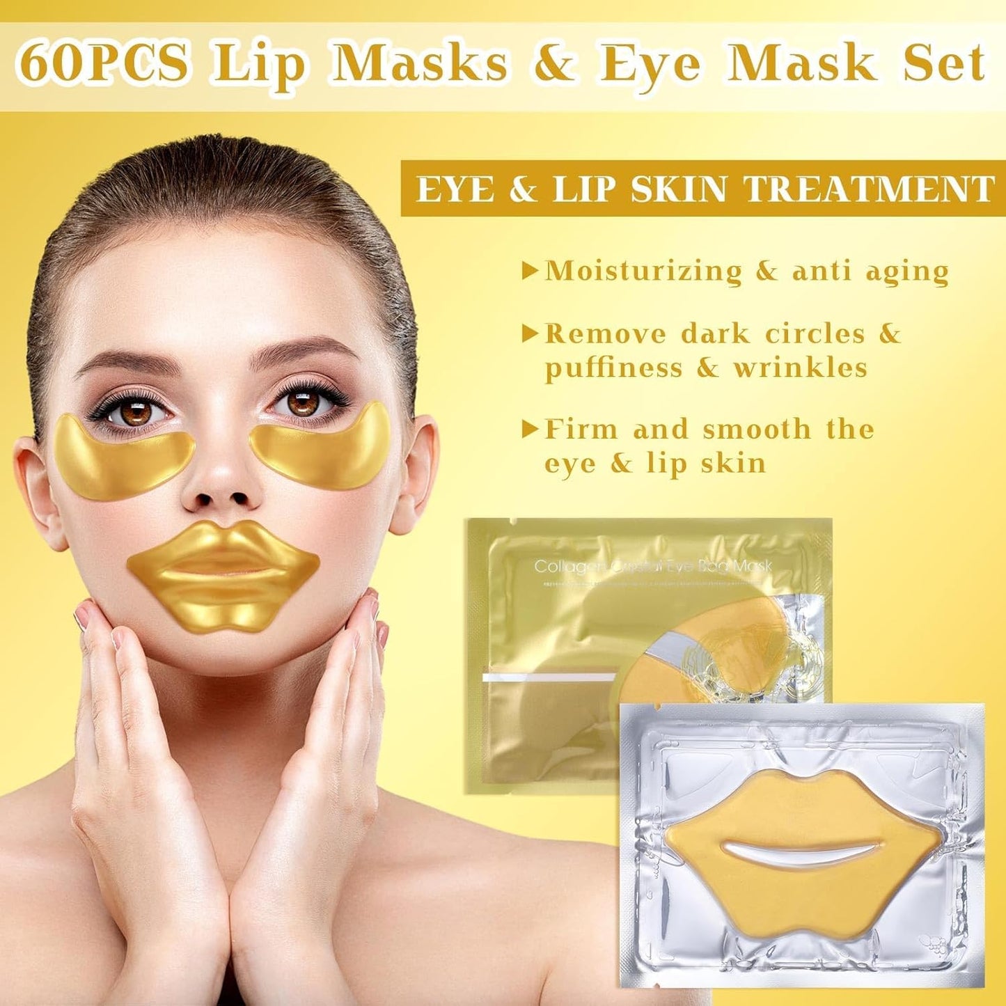 24K Gold Gel Crystal Collagen Eye and Lip Mask Set, 15 Pairs Gold Eye Mask & 15 Pcs Gold Lip Mask for Moisturizing, Collagen Under Eye Mask for Dark Circles Puffiness and Wrinkles