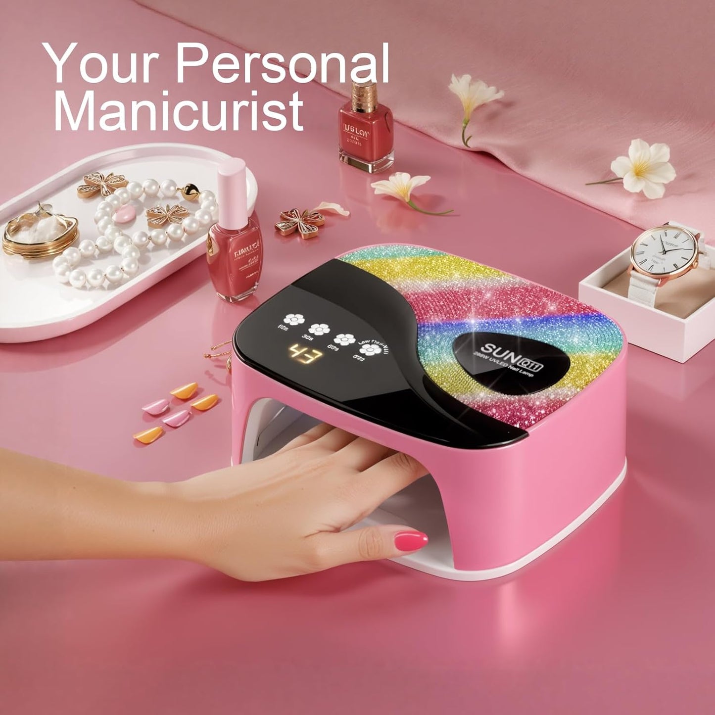 SUNX11 Rhinestone uv Nail Lamp - LED UV Gel Nail Dryer with Rainbow Crystal Design, 3-Second Quick Dry, Touch Screen, Detachable Base, 4 Timer Settings, for Fingernails & Toenails