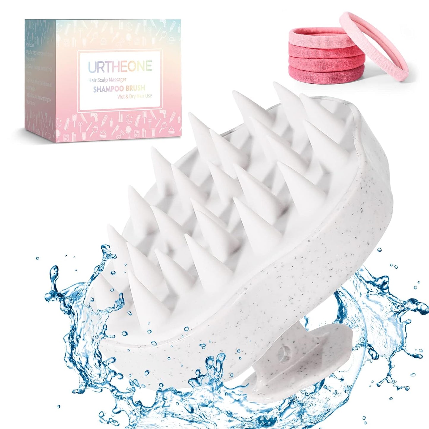 URTHEONE Scalp Massager Shampoo Brush, Hair Scalp Scrubber Head Massager with Soft Silicone Bristles for Women Men Kids Pets Shower and Hair Growth(Beige) Includes 5 Pcs Hair Ties