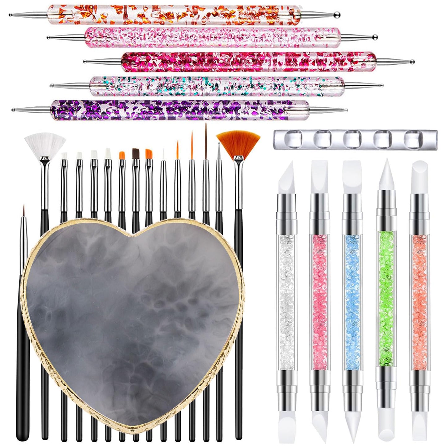 Nail Art Tools 27Pcs Set,Nail Art Brush,Resin Nail Art Palette,5 Pcs Nail Art Sculpture Pen,2-way Acrylic Silicone Engraving Pen Dotting Pen Tools Nail Art Kit for Nail Art DIY