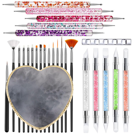 Nail Art Tools 27Pcs Set,Nail Art Brush,Resin Nail Art Palette,5 Pcs Nail Art Sculpture Pen,2-way Acrylic Silicone Engraving Pen Dotting Pen Tools Nail Art Kit for Nail Art DIY