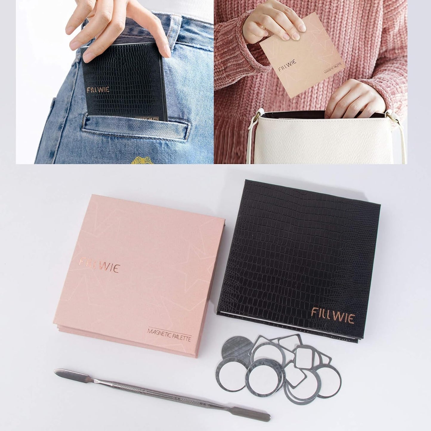 Pink&Black Magnetic Refillable Makeup Palette with Mirror – Lightweight, Durable, Travel-Ready Case for Eyeshadow, Blush, Lipstick – Includes Spatula & 20 Stickers – Small, Waterproof Paperboard