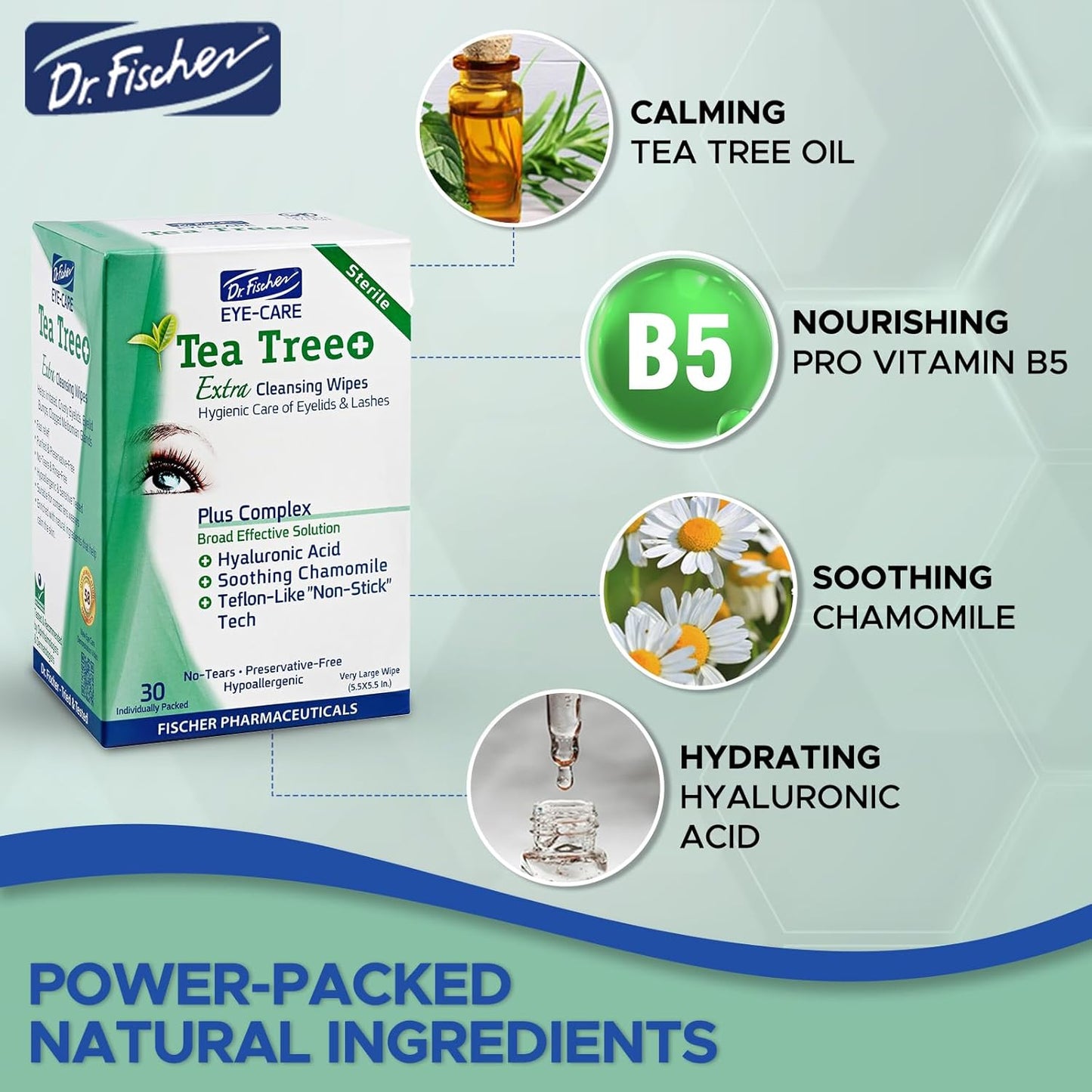 Dr. Fischer Tea Tree Oil Eye Wipes - Eyelid Wipes for Sensitive Eyes with Hyaluronic Acid and Chamomile, Makeup Remover, Daily Cleanser (60 wipes)