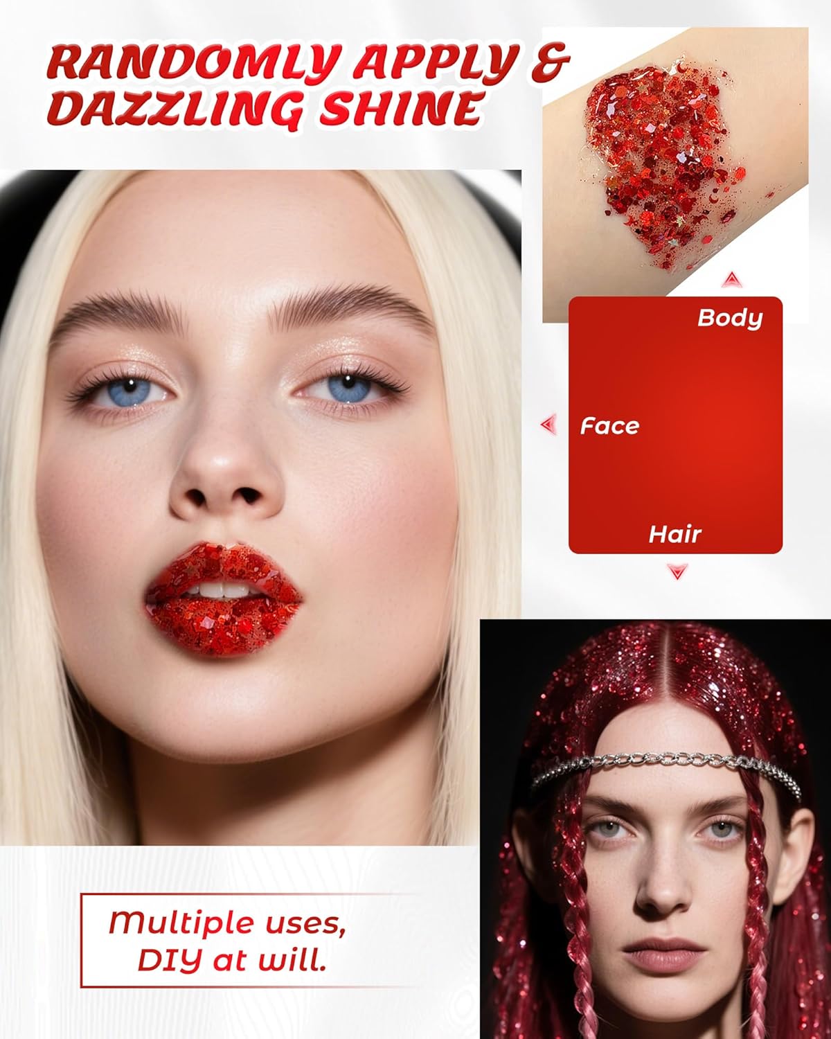 6PCS Red Face Body Glitter Gel，Holographic Chunky Sequins Body Glitter Paint for Party Singer Concerts Music Festival Rave Accessories for Girls Women Face Body DIY Sparkling Makeup