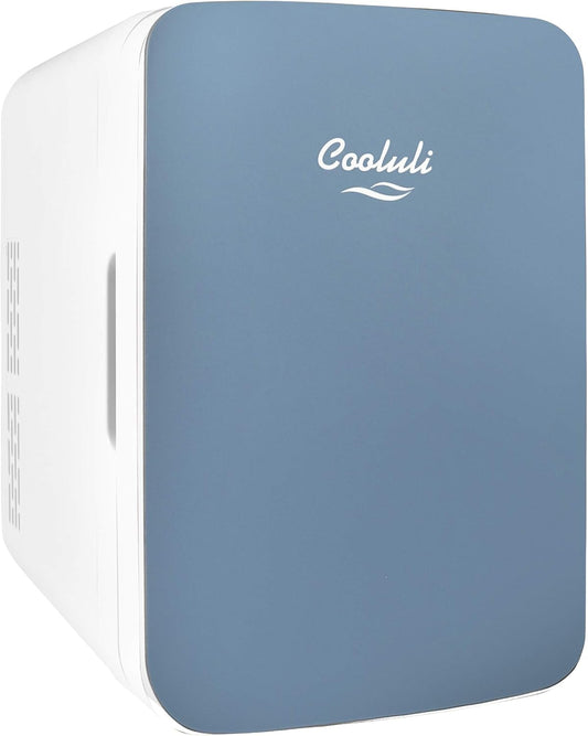 Cooluli 10L Mini Fridge for Bedroom - Car, Office Desk & College Dorm Room - 12v Portable Cooler & Warmer for Food, Drinks, Skincare, Beauty & Makeup - AC/DC Small Refrigerator with Glass Front, Blue