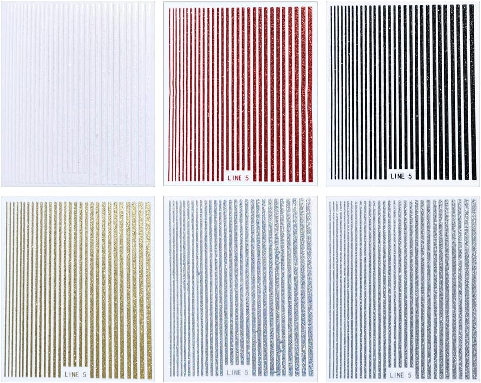 3D Glitter Lines Nail Stickers Holographic Nail Art Stickers Metal Stripe Nail Decals Self Adhesive Geometric Strip Line Nails Stickers Women DIY Nail Supplies,6 Colors/Set