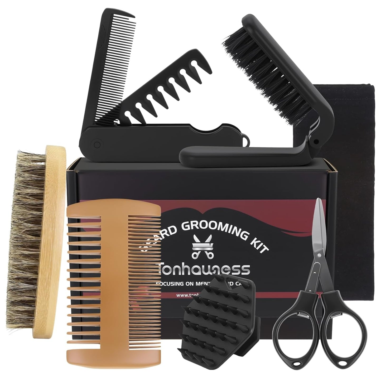 Beard Brush Beard Comb Set for Men, 7 IN 1 Facial Hair Grooming Kit with Boar Bristle Beard Brush, Wood Beard Comb, Silicone Soft Cleaning Brush, Mustache Scissors, Travel Foldable Beard Brush Comb