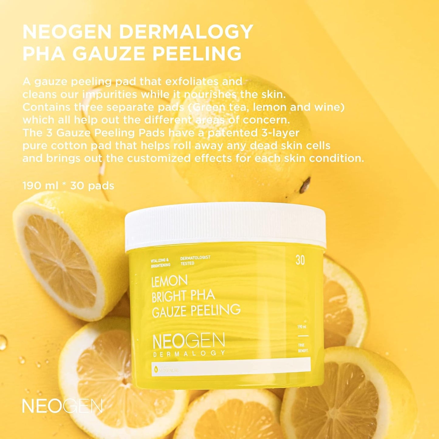 NEOGEN Lemon PHA Gauze Peeling Pads (30 pads) - Exfoliating Peeling Pad with AHA, BHA, PHA, LHA & Lemon & Glutathione & Niacinamide - Korean Skin Care