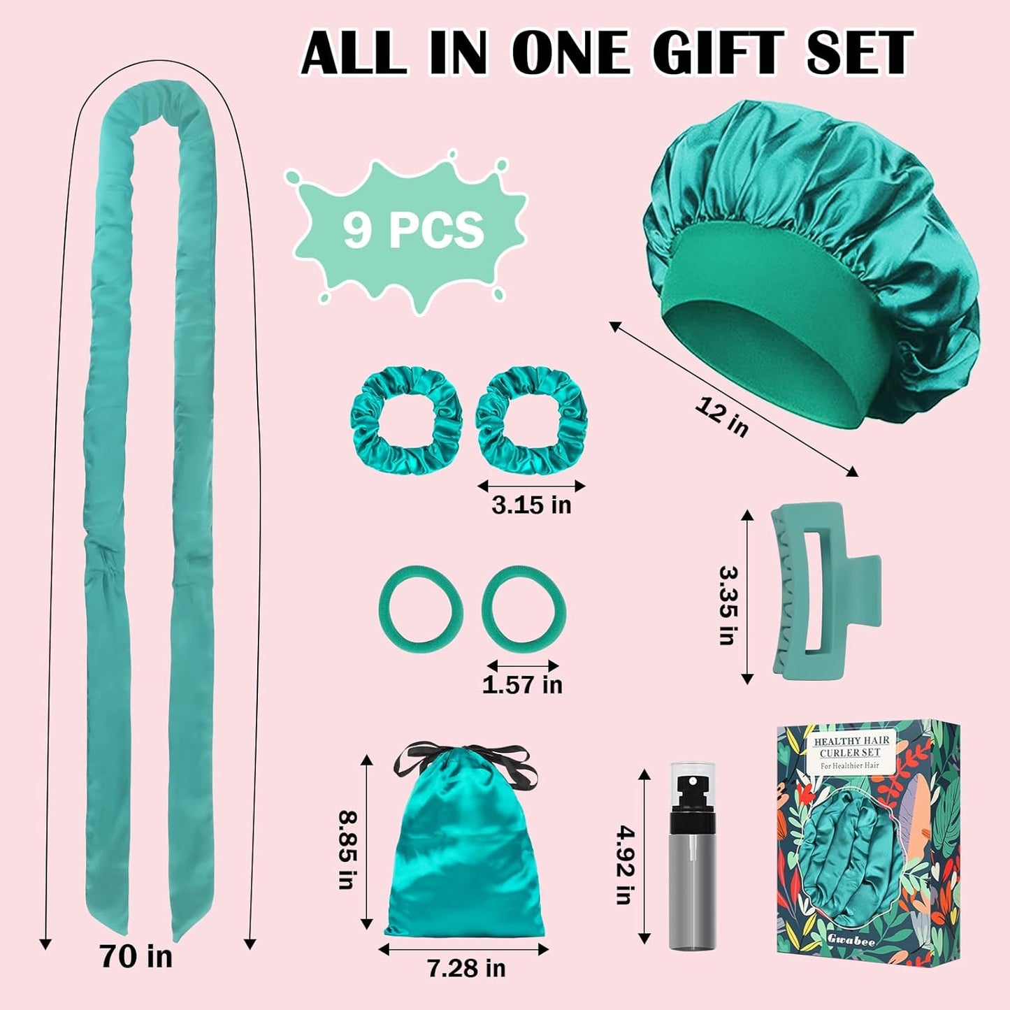 Satin Heatless Curls Overnight Hair Curlers to Sleep In Hair Curler Rollers No Heat Hair Wrap for Curls Headband, 70" Satin Heatless Curling Rod Set for Women Long Waves Hair Volume -Green 9PCS